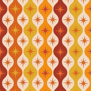 Mid Century retro starbursts on orange and  yellow on hourglass  ogee 