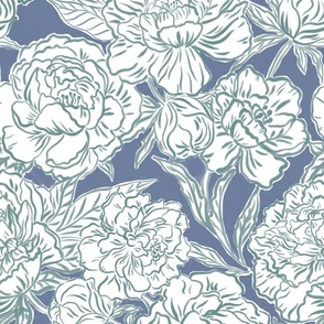 Large - Painterly peonies - Blue and green - painted floral - artistic deep blue painterly floral fabric - spring garden preppy floral - girls summer dress bedding wallpaper - blue nova