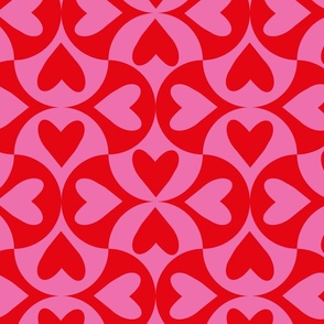 Pink and Orange Hearts on Retro Geometric Scallop shape 