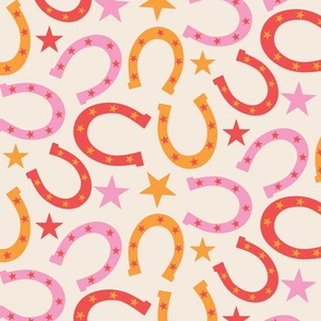 Retro Horse shoe with stars  in pink, orange and red 