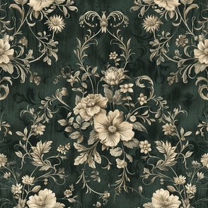 Vintage Moody Floral Linen Texture Dark Green Muted Neutral Colors Kitchen, Livingroom, Bedroom, Accent Wallpaper