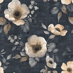Vintage Moody Floral Linen Texture Dark Blue Muted Neutral Colors Kitchen, Livingroom, Bedroom, Accent Wallpaper