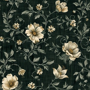 Vintage Moody Floral Linen Texture Dark Green Muted Neutral Colors Kitchen, Livingroom, Bedroom, Accent Wallpaper