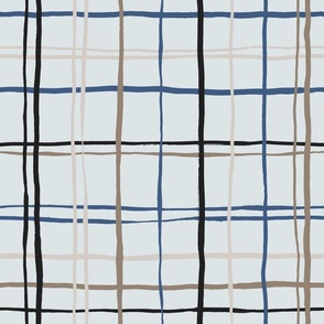 (L) Timeless Tattersall Grid with brown, blue and black stripes over light blue