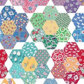 Feedsack Hexies Cheater Quilt 1940s Grandmother's Garden Fabric