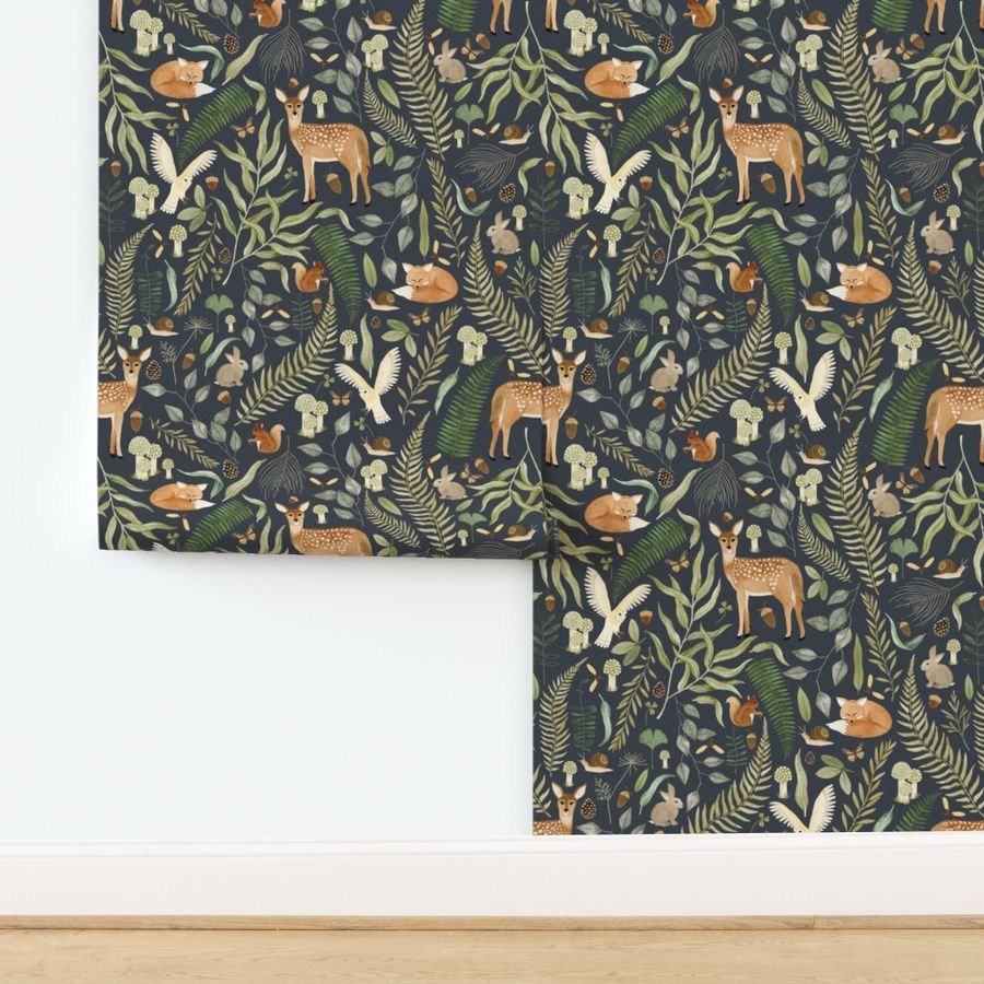 Woodland Whimsical - Dark Grey Blue Large Scale