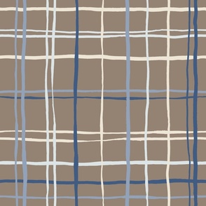 (L) Timeless Tattersall Grid with blue and beige stripes over brown
