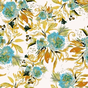 Dramatic Teal & Gold Shimmer Hand-Painted Florals