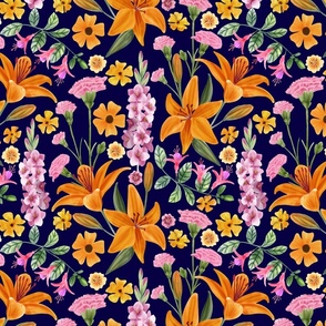 Floral With Orange Lily, Pink Gladiolus, Fuchsia, Thunbergia,  Primroses and Carnations Navy Background