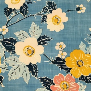Vintage Japanese Flowers on Blue
