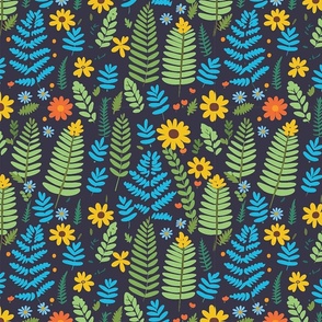 ferns and flowers on dark blue