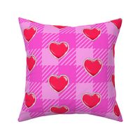 Pink buffalo plaid with red Valentines hearts, large scale