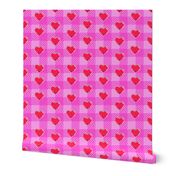Pink buffalo plaid with red Valentines hearts, large scale
