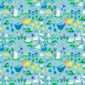 Springtime Pixel Art Animals - Blue Background - Small Print