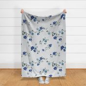 Anne's Ditsy Floral Meadow shades of blue on off-white linen backround - large scale