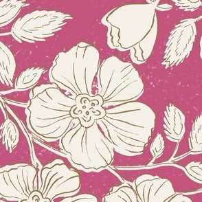 Wallflowers Block Print Large Scale 24x36 cerise red pink