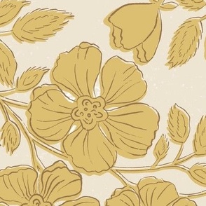 Wallflowers Block Print Large Scale 24x36 bamboo yellow on antique white ground
