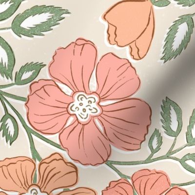 Wallflowers Block Print Large Scale 24x36 peach pink coral on pristine cream ground