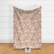 Wallflowers Block Print Large Scale 24x36 peach pink coral on pristine cream ground