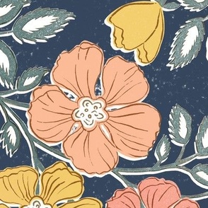 Wallflowers Block Print_Large Scale_24x36_yellow peach pink on dark denim blue ground