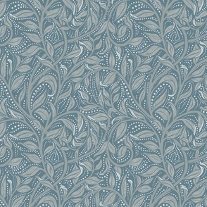Trailing Leaf Warm Gray, Medium Scale, Arts and Crafts, William Morris inspired, Blue leaves, Vines, Dot details, Neutral Gray Background, Wallpaper, Home decor, upholstery