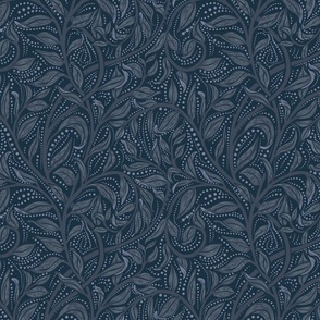 Trailing Leaf Navy, Medium Scale, Arts and Crafts, William Morris inspired, Blue leaves, Vines, Dot details, Navy Background, Wallpaper, Home decor, upholstery
