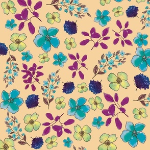 watercolor floral spread in Beige, Blue and Mauve