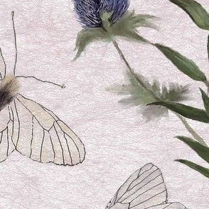 White Butterflies Thistle And Greenery On Subtle Lavender Ground XL Scale