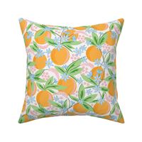 Medium-Scale Clementine Oranges with blooms and citrus flowers with cream background