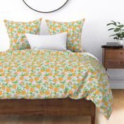 Medium-Scale Clementine Oranges with blooms and citrus flowers with cream background