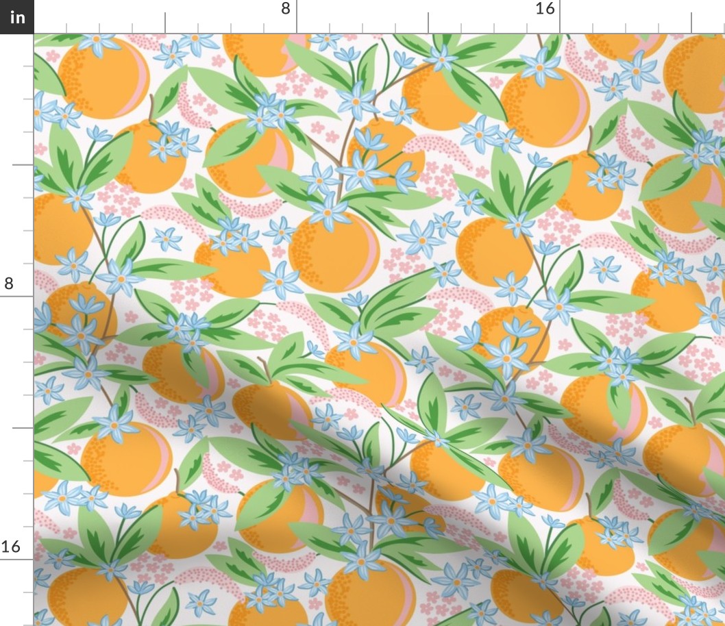 Medium-Scale Clementine Oranges with blooms and citrus flowers with cream background