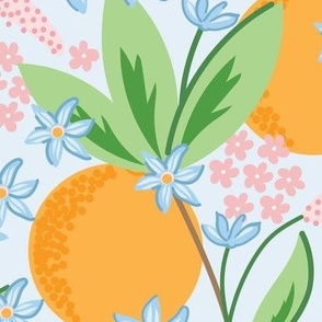 Large-Scale Clementine Oranges with blooms and citrus flowers with blue background
