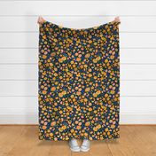 Large Scale // Painted Yellow Orange and Pink Floral Pattern on Black Background