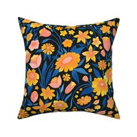 Large Scale // Painted Yellow Orange and Pink Floral Pattern on Black Background