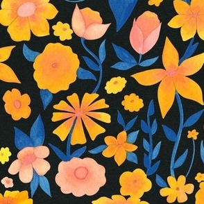 Larger Scale // Painted Yellow Orange and Pink Floral Pattern on Black Background