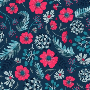 Deep Pink floral on navy blue with teal flowers and branches