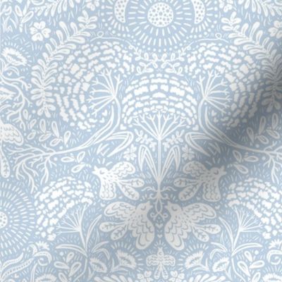 Woodland Damask - Hope is a Thing With Feathers - Pale Blue Fog & White