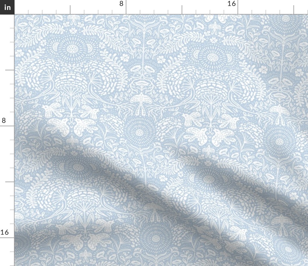 Woodland Damask - Hope is a Thing With Feathers - Pale Blue Fog & White