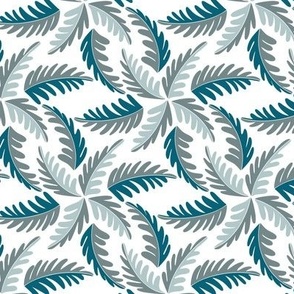 Fern leaves in a diagonal swirl in grey green and teal on white