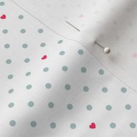 Grey green small dots and pink hearts on white