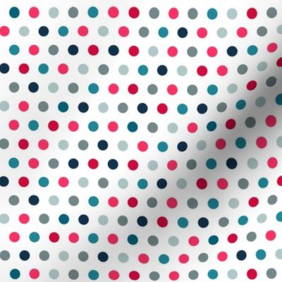 Multi colour spaced spots on white in pink teal navy and grey