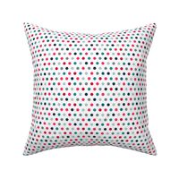 Multi colour spaced spots on white in pink teal navy and grey