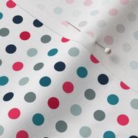 Multi colour spaced spots on white in pink teal navy and grey