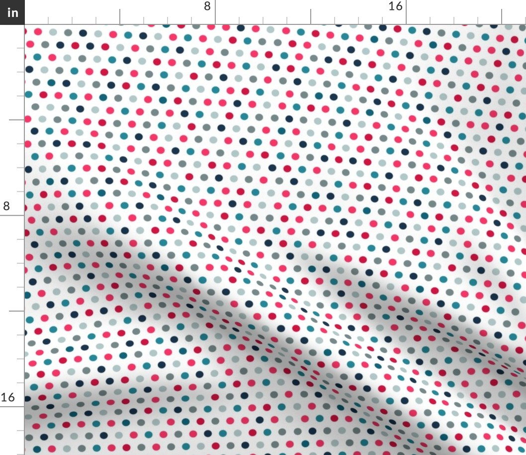 Multi colour spaced spots on white in pink teal navy and grey