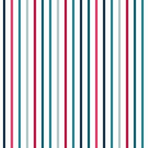 Multicoloured stripes in bright pink, teal, navy blue and grey green on white