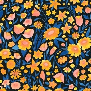 Medium Scale // Painted Yellow Orange and Pink Floral Pattern on Black Background