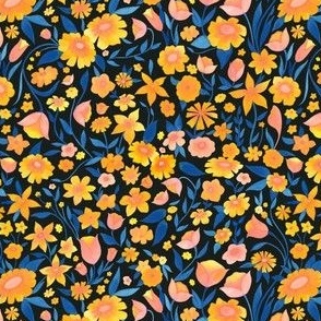 Smaller Scale // Painted Yellow Orange and Pink Floral Pattern on Black Background
