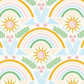 Small-Scale sunshine and rainbow design with hearts, clouds, and suns 
