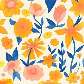 Larger Scale // Painted Yellow Orange and Pink Floral Pattern on Pale Yellow Cream Background