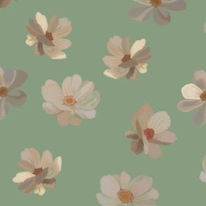 Painterly style creamy flowers on dusty green